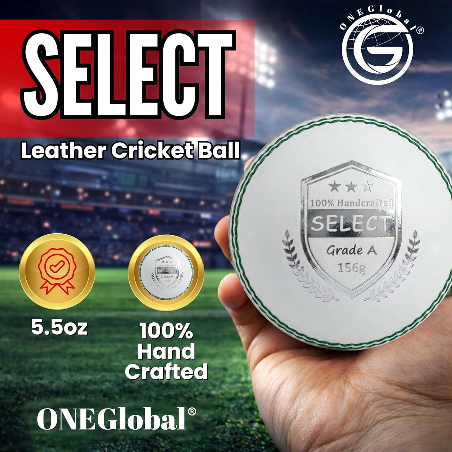 Select Leather Cricket Ball | 100% Handcrafted, 156g - 5.5oz, 4-Piece Construction | Ideal for T20, Net Practice, Training etc.