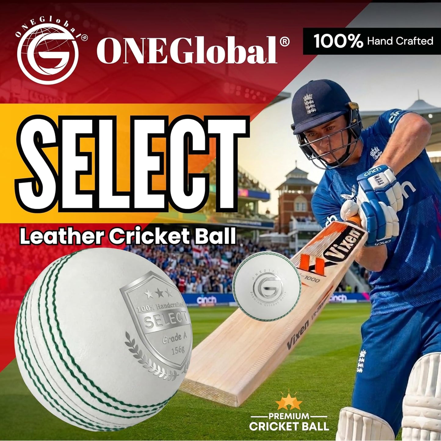 Select Leather Cricket Ball | 100% Handcrafted, 156g - 5.5oz, 4-Piece Construction | Ideal for T20, Net Practice, Training etc.